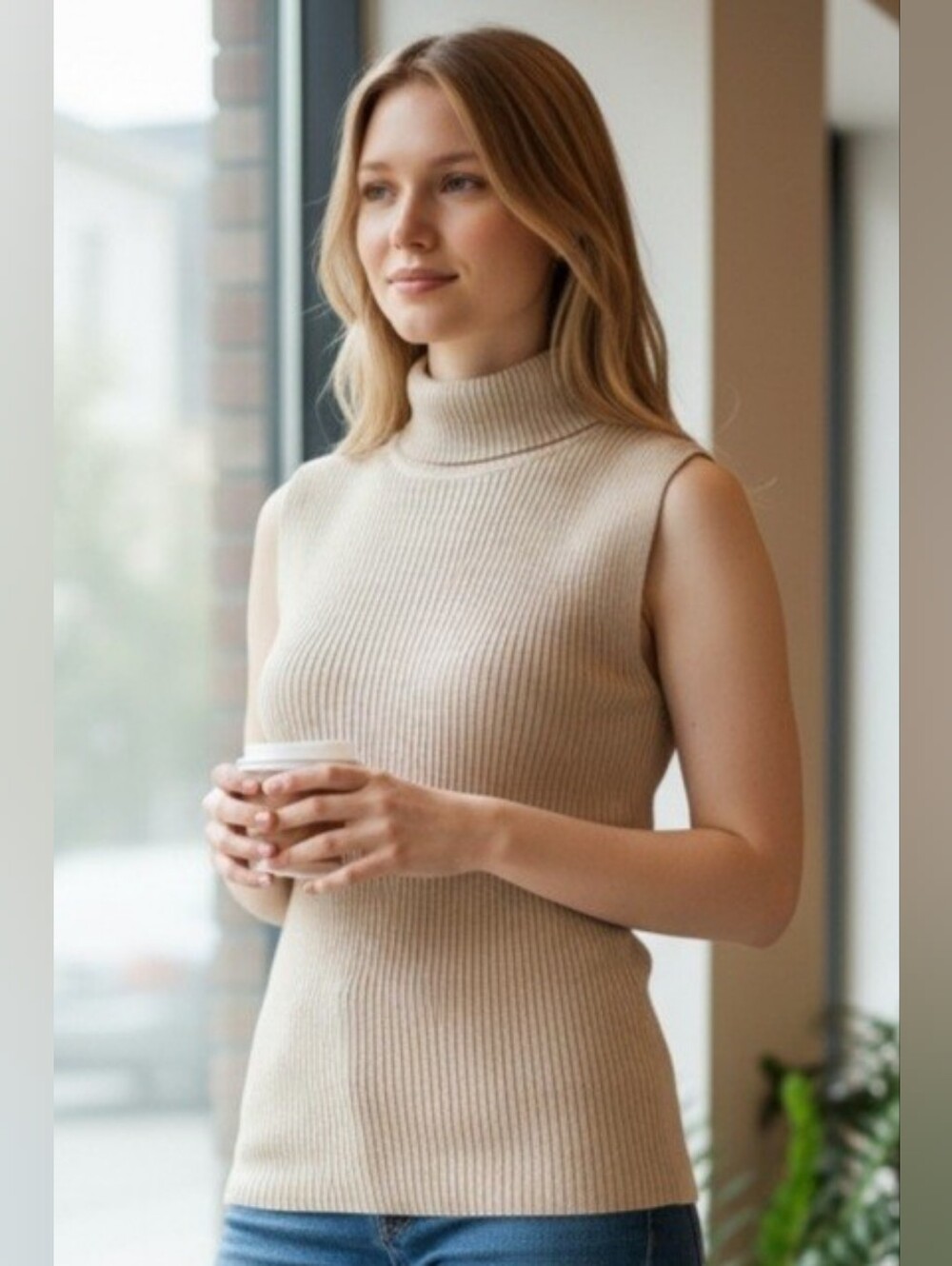 St. John Sleeveless Ribbed Turtleneck Sweater - Beige